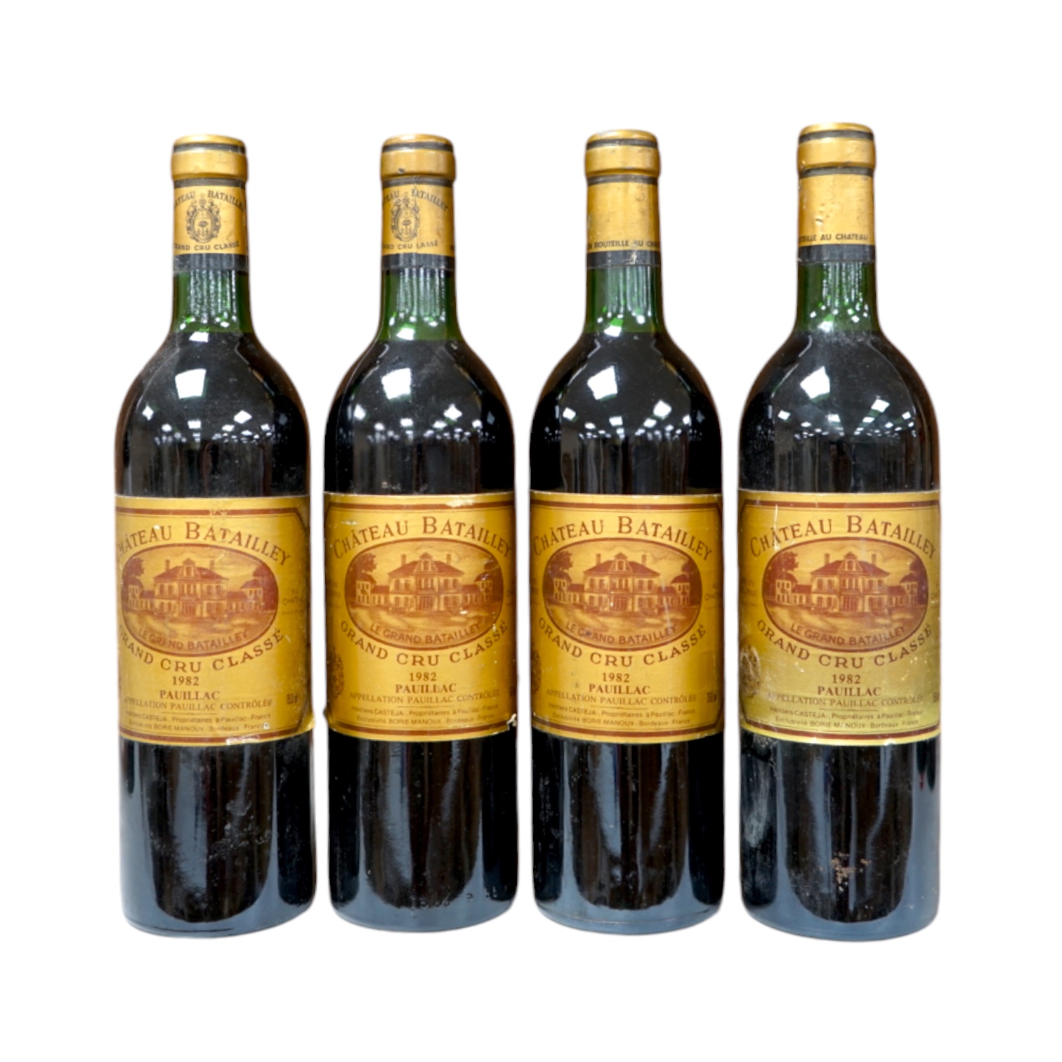 Four bottles of Chateau Batailley, 1982 Grand Cru Classe red wine. Condition - good.